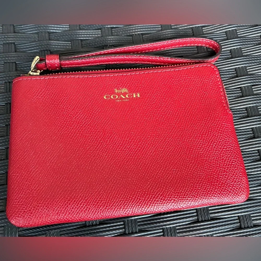 Coach Red Pebbled Leather Wristlet with Gold Logo